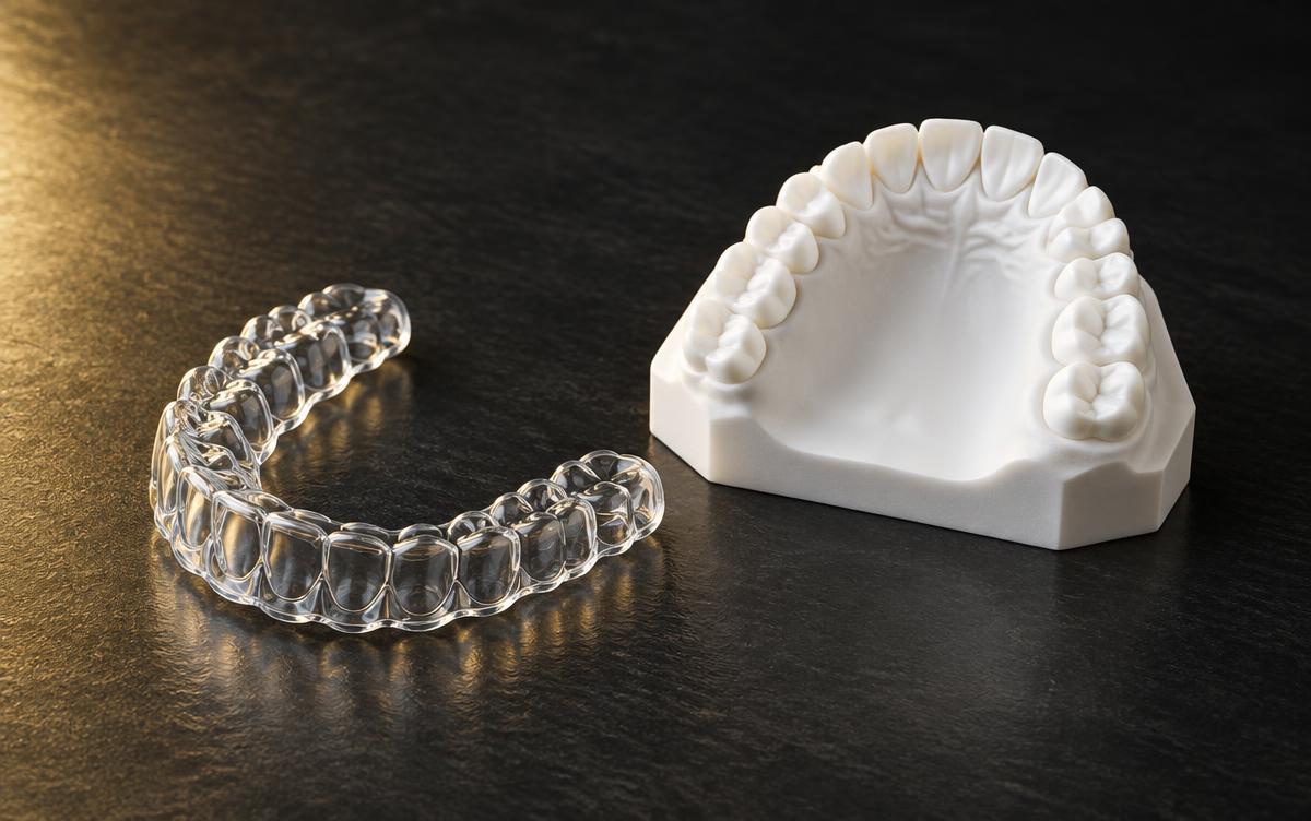 Alinhador transparente ao lado de um modelo da arcada dentária