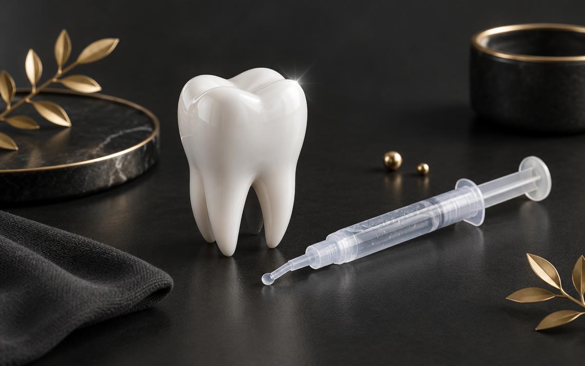 Modelo de dente e aplicador de gel clareador em composição educativa