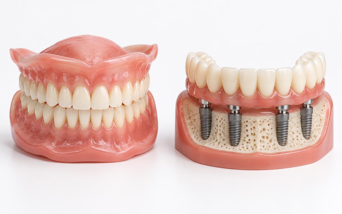 Modelos educativos de dentadura convencional e prótese fixa sobre implantes lado a lado