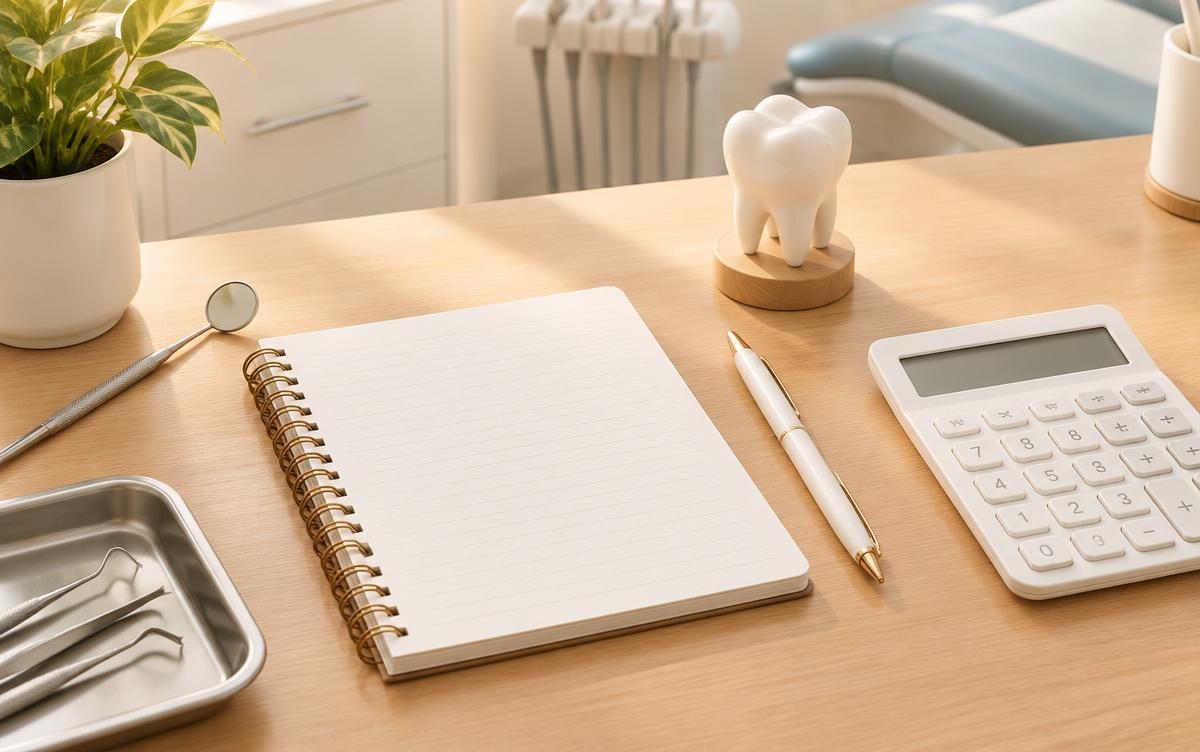 Mesa de consultório com caderno, calculadora e modelo de dente, representando o orçamento