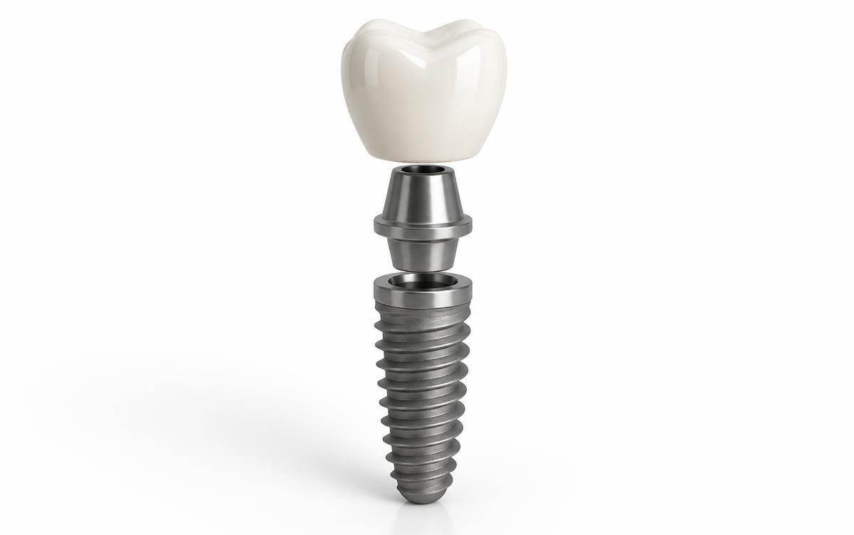 Modelo educativo de implante dentário com parafuso, pilar e coroa