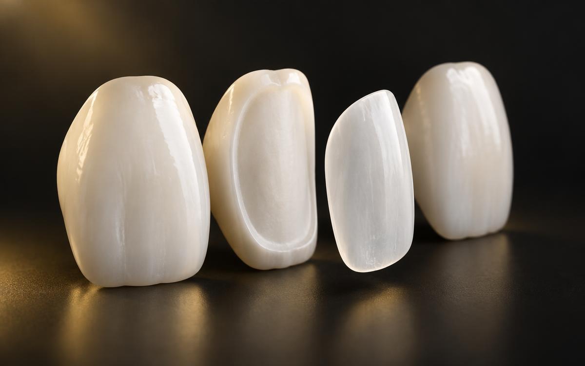 Modelos de dentes e lâmina de porcelana representando uma faceta dental